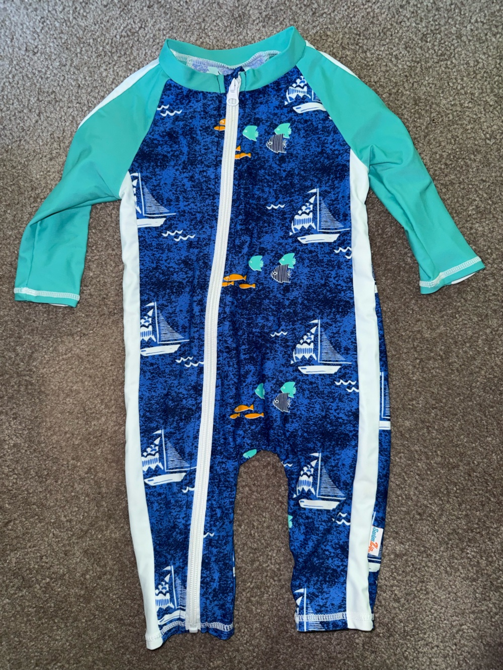 Kids Blue Nautical Print Long-Sleeve Swim Bodysuit with Teal Sleeves